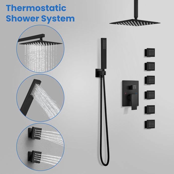 gotonovo Shower Faucet with Full Body Jets Rain Mixer 12 inch Rainfall Shower Head and Handheld Spray Combo Wall Mounted Rough-in Valve and Trim Included with 6pcs Body Message Jets