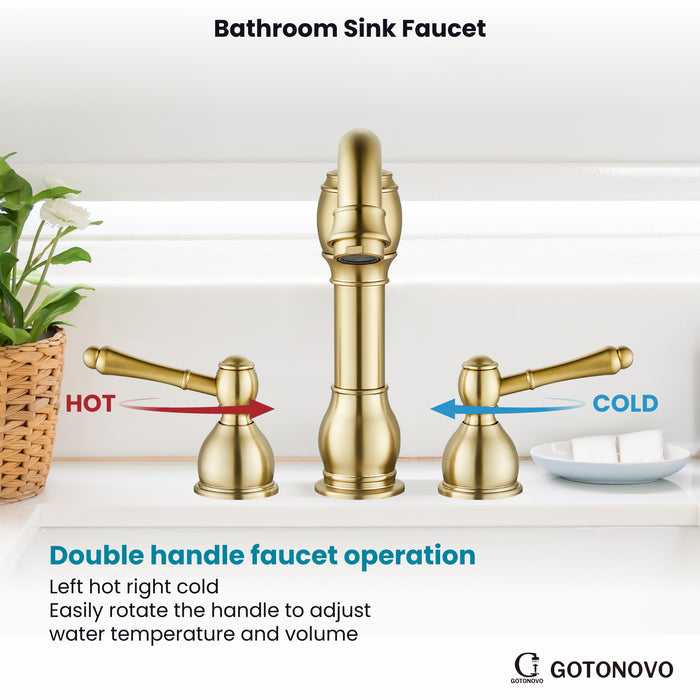 gotonovo 8 Inch Widespread Bathroom Faucets for Sink 3 Hole 2 Lever Handle Deck Mount with Pop Up Drain Hot and Cold Water Supply Lines