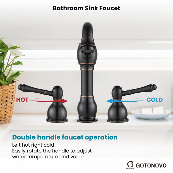 gotonovo 8 Inch Widespread Bathroom Faucets for Sink 3 Hole 2 Lever Handle Deck Mount with Pop Up Drain Assembly with Hot and Cold Water Supply Lines