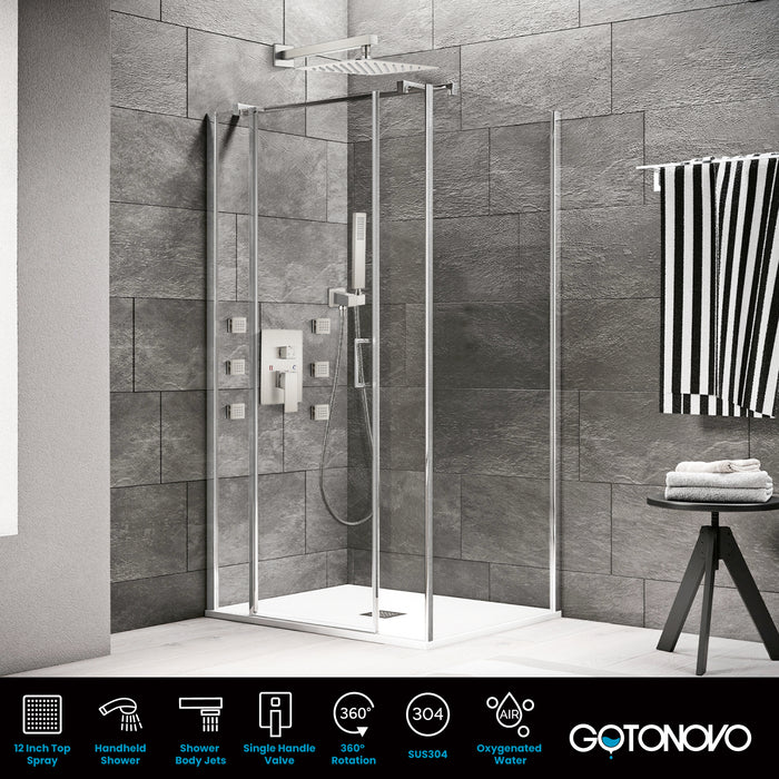 gotonovo Shower Faucet with Full Body Jets Rain Mixer 12 inch Rainfall Shower Head and Handheld Spray Combo Wall Mounted Rough-in Valve and Trim Included with 6pcs Body Message Jets