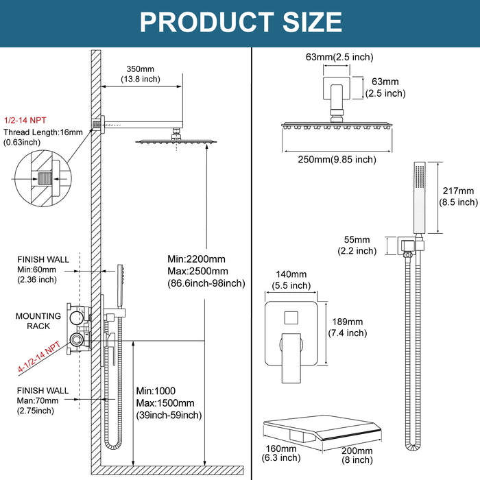 gotonovo Shower System 10 Inch Square Shower Head with Handheld Shower and Waterfall Tub Spout Wall Mount Rainfall Shower Faucet Rough-in Valve 3 Function Shower Combo Set