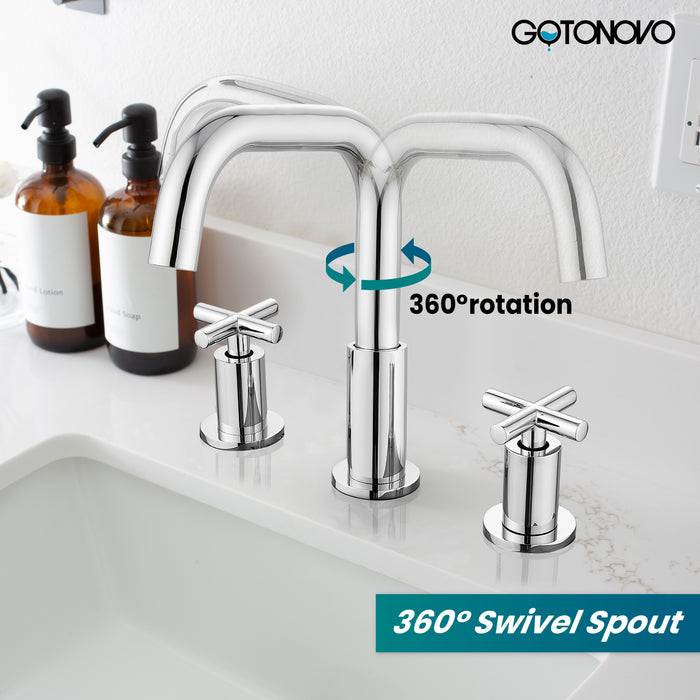 gotonovo 8 inch Widespread 3 Hole Bathroom Sink Faucet,2 Cross Handle Vanity Faucet Deck Mount Basin for Bathroom Sink 360° Swivel Spout with Pop Up Drain