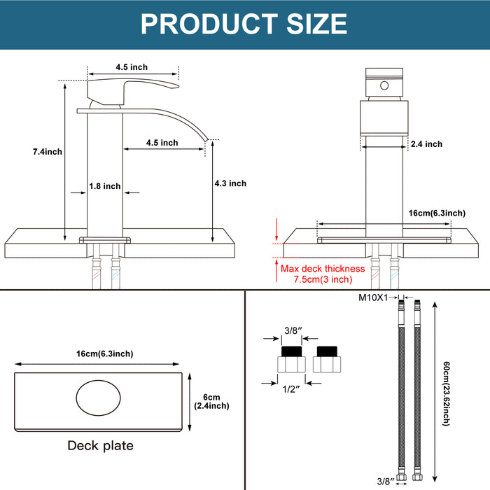 gotonovo Bathroom Sink Faucet Single Handle 1 Hole Waterfall Spout Vanity Sink Faucet Deck Mount Mixer Tap Lavatory with Deck Plate and Pop Up Drain