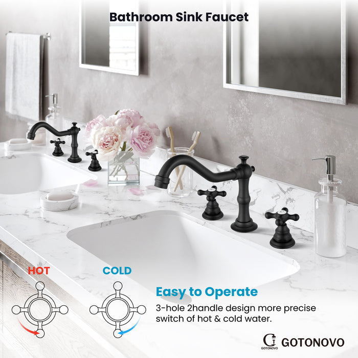 gotonovo Bathroom Sink Faucet Deck Mount Widespread Double Mixing Tap Cross Knobs 3 Hole with Pop Up Drain