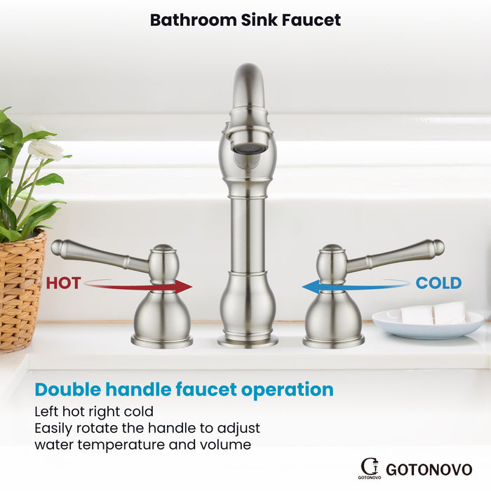 gotonovo 8 Inch Widespread Bathroom Faucets for Sink 3 Hole 2 Lever Handle Deck Mount with Pop Up Drain Hot and Cold Water Supply Lines