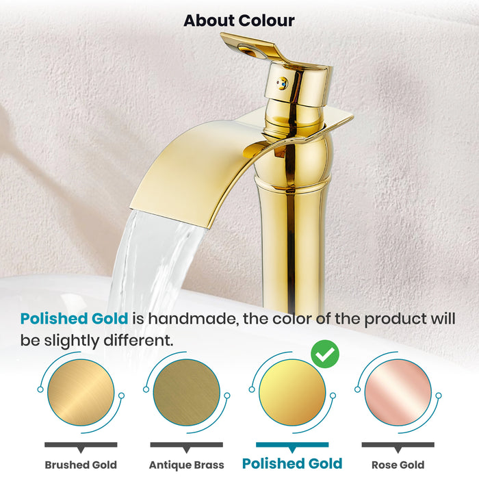 gotonovo Waterfall Vessel Sink Faucet for Sink 1 Hole,Single Handle Tall Bathroom Sink Faucet,Brass Waterfall Bathroom Faucet Arc Body Mixer Tap with Pop Up Drain and Supply Line