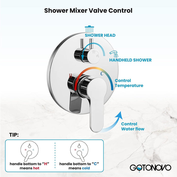 gotonovo Shower Trim Kit 10 inch 3 Modes Round Rainfall Shower Head Wall Mounted 6-Functions ABS Handheld Spray Shower System Pressure Balanced Rough-in Valve and Trim Included
