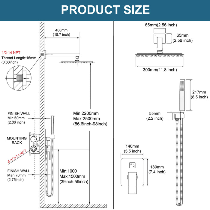 gotonovo Square 12 Inch Rainfall Showerhead Pressure Balance Shower System Wall Mount Shower Faucet Complete Set with Handheld Sprayer Included Rough-in Valve Body and Trim