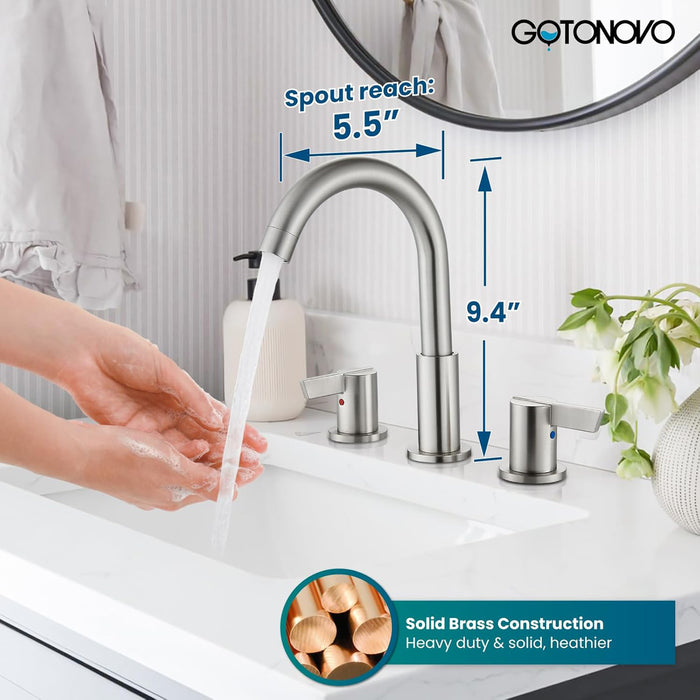gotonovo 3 Hole Deck Mount 2 Handles Lavatory Basin Bathroom Sink Faucet with Pop Up Drain with Hot and Cold Mixer Valves 8 Inch Widespread Bathroom Faucet Low-Arch 360° Rotation Spout