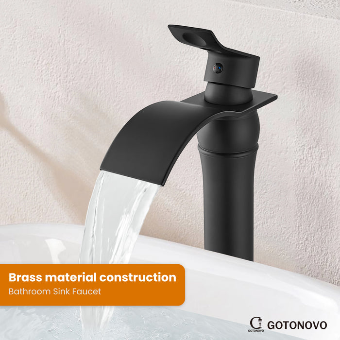 gotonovo Waterfall Vessel Sink Faucet for Sink 1 Hole,Single Handle Tall Bathroom Sink Faucet,Brass Waterfall Bathroom Faucet Arc Body Mixer Tap with Pop Up Drain and Supply Line