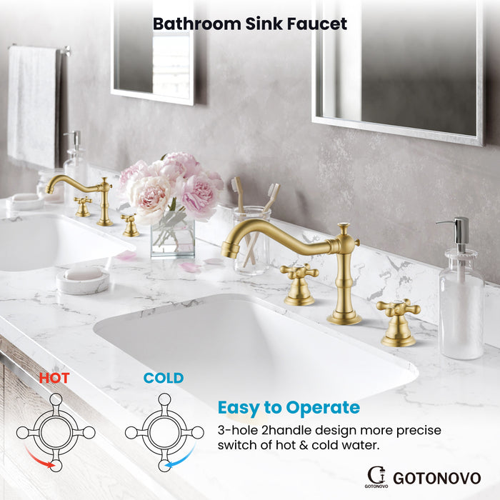 gotonovo Bathroom Sink Faucet Deck Mount Widespread Double Mixing Tap Cross Knobs 3 Hole with Pop Up Drain