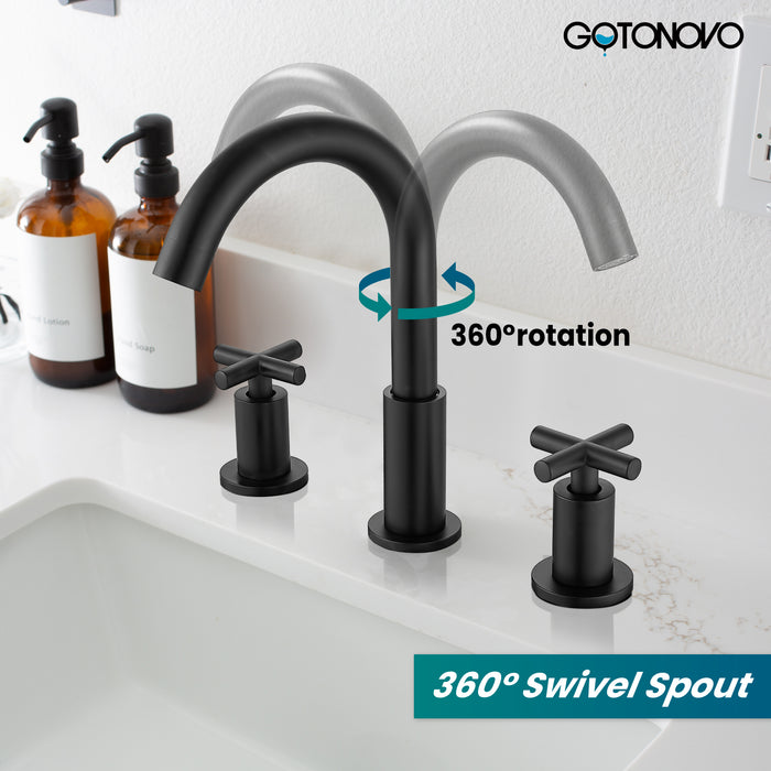 gotonovo 3 Hole Bathroom Faucet 8 inch Widespread Sink Vanity Faucet for Bathroom Sink 2 Cross Handle Deck Mount Basin with Pop Up Drain 360° Swivel Spout