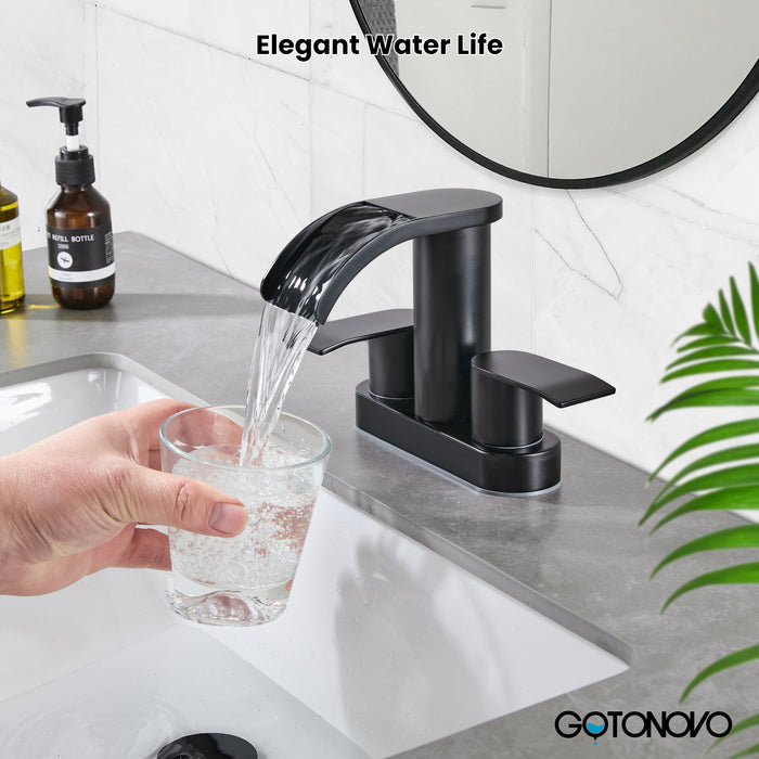 gotonovo 4 Inch Centerset Waterfall Bathroom Sink Faucet Deck Mount 2 Handle Basin Faucets 2 or 3 Hole with Pop Up Drain Included Lavatory Modern Mixer Tap Vanity Faucet