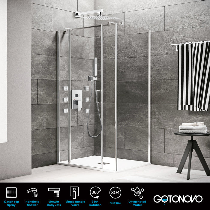 gotonovo Shower Faucet with Full Body Jets Rain Mixer 12 inch Rainfall Shower Head and Handheld Spray Combo Wall Mounted Rough-in Valve and Trim Included with 6pcs Body Message Jets