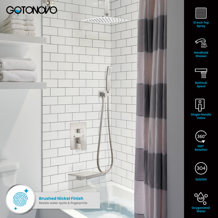 gotonovo 12 Inch Rain Mixer Shower Faucet Set with Waterfall Tub Spout Ceiling Mount with Handheld Spray Pressure Balance Rough-in Valve and Trim Included