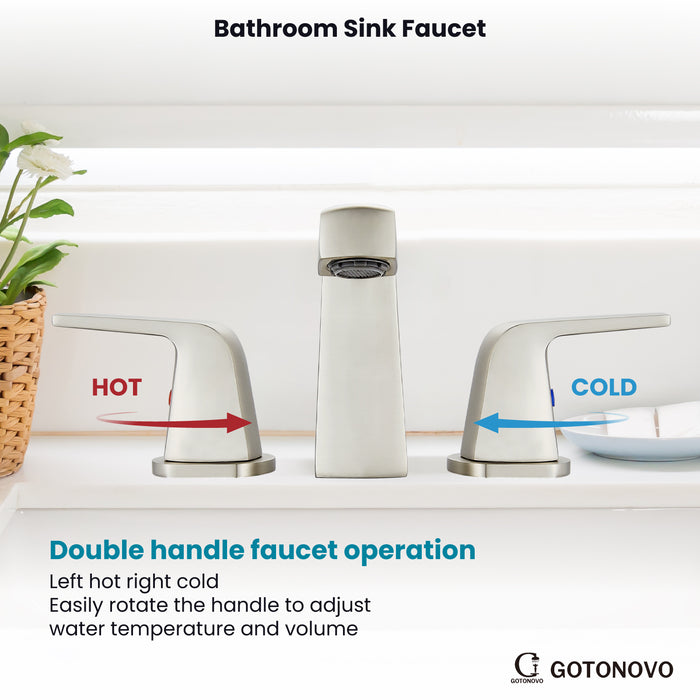 gotonovo Bathroom Sink Faucet 3 Holes 2 Handles Widespread 8 Inch Bathroom Faucet with Pop Up Drain Hot Cold Water Supply Lines Lavatory Vanity Mixer Tap, Thick Style