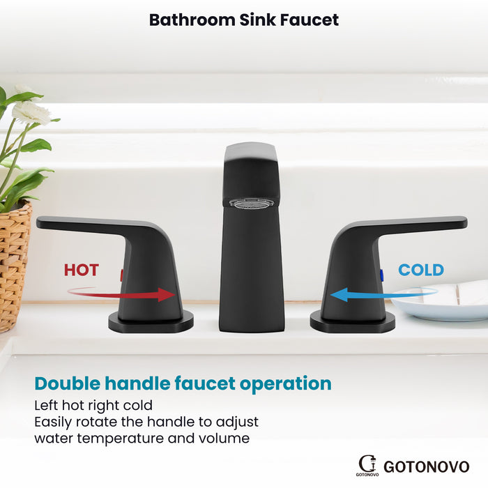 gotonovo Bathroom Sink Faucet 3 Holes 2 Handles Widespread 8 Inch Bathroom Faucet with Pop Up Drain Hot Cold Water Supply Lines Lavatory Vanity Mixer Tap, Thick Style