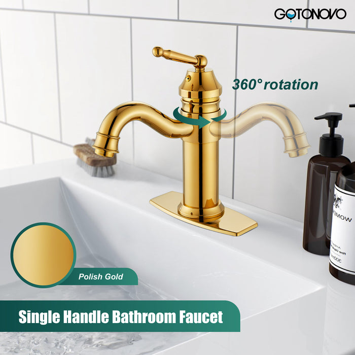 gotonovo Bathroom Sink Faucet Brass One Hole Single Handle Lavatory Fixture Deck Mounted Vanity Vessel Mixer Tap Pop Up Drain Included Hot and Cold Water