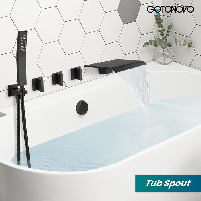 gotonovo Waterfall Tub Filler with Handheld Spray 3 Lever Handle Bathroom High Flow Rate Wall Mounted 2 Function Shower Faucet Set with Rough-in Shower Trim Kit Hot and Cold Mixer