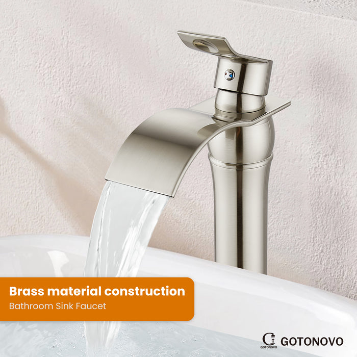 gotonovo Waterfall Vessel Sink Faucet for Sink 1 Hole,Single Handle Tall Bathroom Sink Faucet,Brass Waterfall Bathroom Faucet Arc Body Mixer Tap with Pop Up Drain and Supply Line