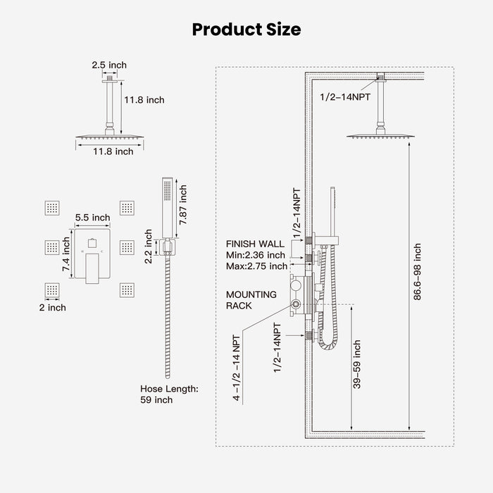 gotonovo 12 inch Ceiling Mount Rain Shower Faucet Set with 6 Body Spray Jets Rainfall Shower Head and Handheld Sprayer Multi Shower System Rough-in Valve and Trim Included Chrome Polished
