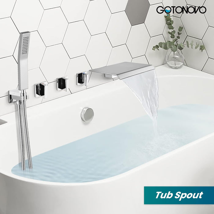 gotonovo Waterfall Tub Filler with Handheld Spray 3 Lever Handle Bathroom High Flow Rate Wall Mounted 2 Function Shower Faucet Set with Rough-in Shower Trim Kit Hot and Cold Mixer