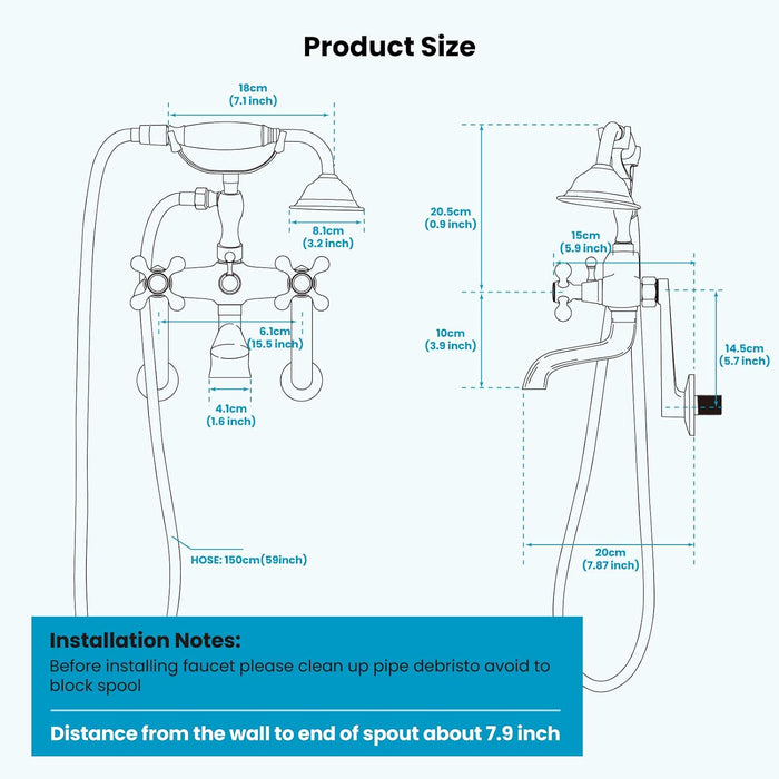 gotonovo Vintage Wall Mount Clawfoot Bathtub Faucet 1.8-17.4Inch Adjustable Center Double cross Handle Shower Faucet System Telephone Shape with Lengthen Adapter Adjustable Swing Arms