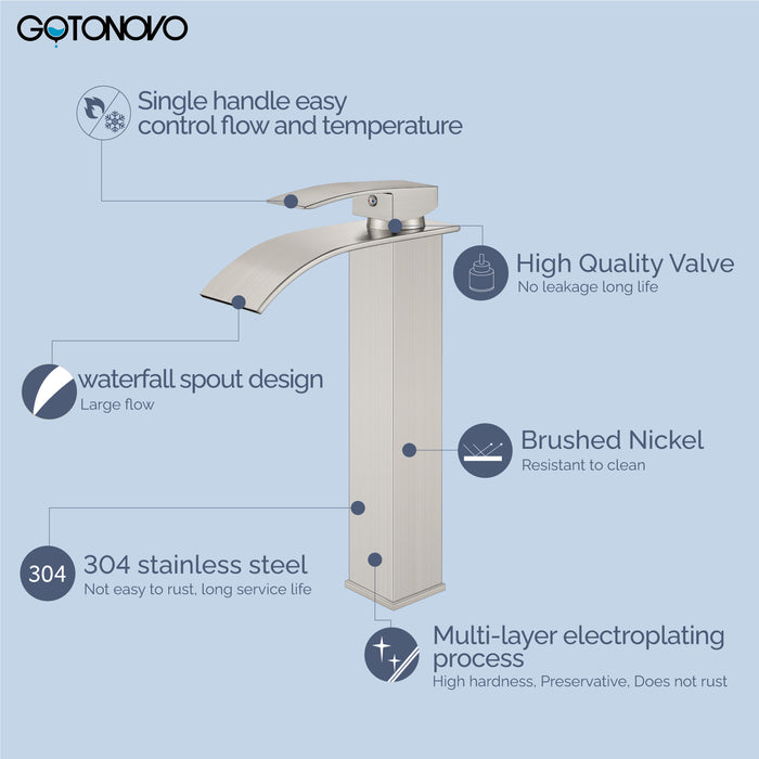 gotonovo Tall Waterfall Bathroom Vessel Sink Faucet Modern Bathroom Vanity Faucet Single Handle Single Hole Farmhouse Bar Mixer Tap Washbasin Faucet Deck Mount