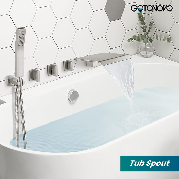 gotonovo Waterfall Tub Filler with Handheld Spray 3 Lever Handle Bathroom High Flow Rate Wall Mounted 2 Function Shower Faucet Set with Rough-in Shower Trim Kit Hot and Cold Mixer