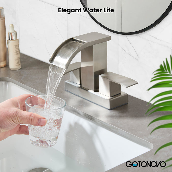 gotonovo Waterfall 4 Inch Centerset Bathroom Sink Faucet 2 Handle Basin Faucets 2 or 3 Hole Deck Mount with Pop Up Drain Included Lavatory Modern Mixer Tap Vanity Faucet