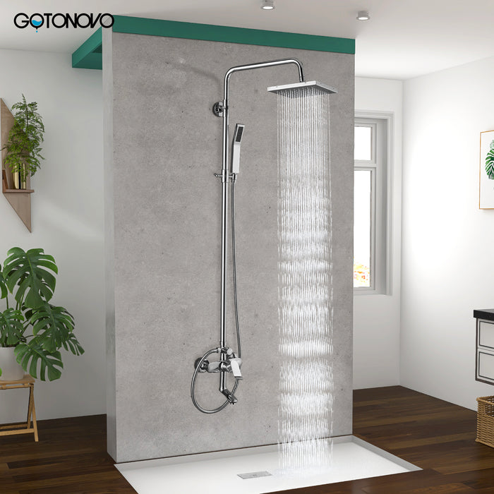 gotonovo Wall Mount Exposed Shower Kit Bathroom Shower Faucet Spout 8” Square Swivel Rainfall Shower Head with Handheld Spray Tub Filler Adjustable Complete System