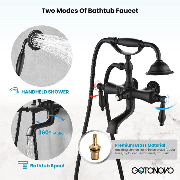 gotonovo Vintage Clawfoot Tub Faucet 3 3/8 Wall Mounted With Handheld Shower Sprayer with Tub Spout Double Level Handle Hot and Cold Water Mixer Shower Faucet Set