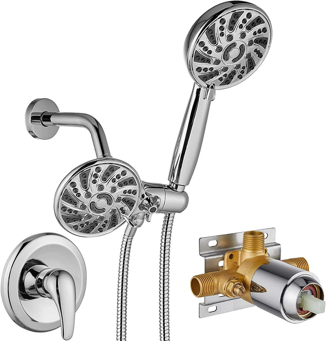 gotonovo 3-way Water Diverter Dual 2 in 1 Shower Head Combo Shower System with 5 Functions Adjustable Handheld Showerhead and Tub Spout Shower Faucet Set(Rough In Valve Included)