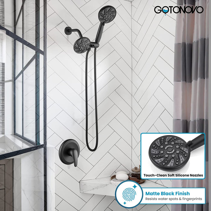 gotonovo 3-way Water Diverter Dual 2 in 1 Shower Head Combo Shower System with 5 Functions Adjustable Handheld Showerhead and Tub Spout Shower Faucet Set(Rough In Valve Included)