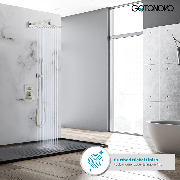 gotonovo Wall Mounted Shower System Brushed Nickel Shower Combo Set with 10 Inches Square Rain Shower Head High Pressure Head Hand Held Pressure Balance Rough-in Valve(Male Thread)