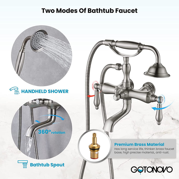 gotonovo Vintage Clawfoot Tub Faucet 3 3/8 Wall Mounted With Handheld Shower Sprayer with Tub Spout Double Level Handle Hot and Cold Water Mixer Shower Faucet Set