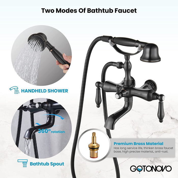gotonovo Vintage Clawfoot Tub Faucet 3 3/8 Wall Mounted With Handheld Shower Sprayer with Tub Spout Double Level Handle Hot and Cold Water Mixer Shower Faucet Set