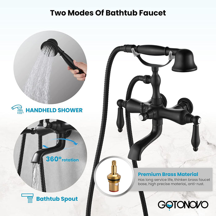 gotonovo Vintage Clawfoot Tub Faucet 3 3/8 Wall Mounted With Handheld Shower Sprayer with Tub Spout Double Level Handle Hot and Cold Water Mixer Shower Faucet Set