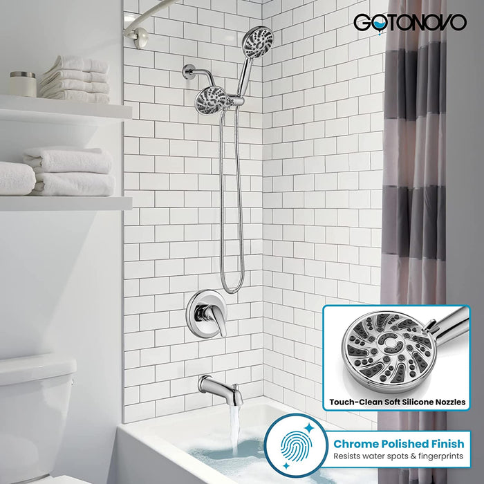 gotonovo 3-way Water Diverter Dual 2 in 1 Shower Head Combo Shower System with 5 Functions Adjustable Handheld Showerhead and Tub Spout Shower Faucet Set(Rough In Valve Included)