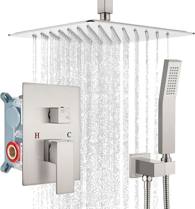 gotonovo Ceiling Mount Rainfall Shower System with Square Shower Head with Handheld shower and Pressure Balance Shower Valve Kit Luxury Rain Mixer Shower Combo Set Bathroom