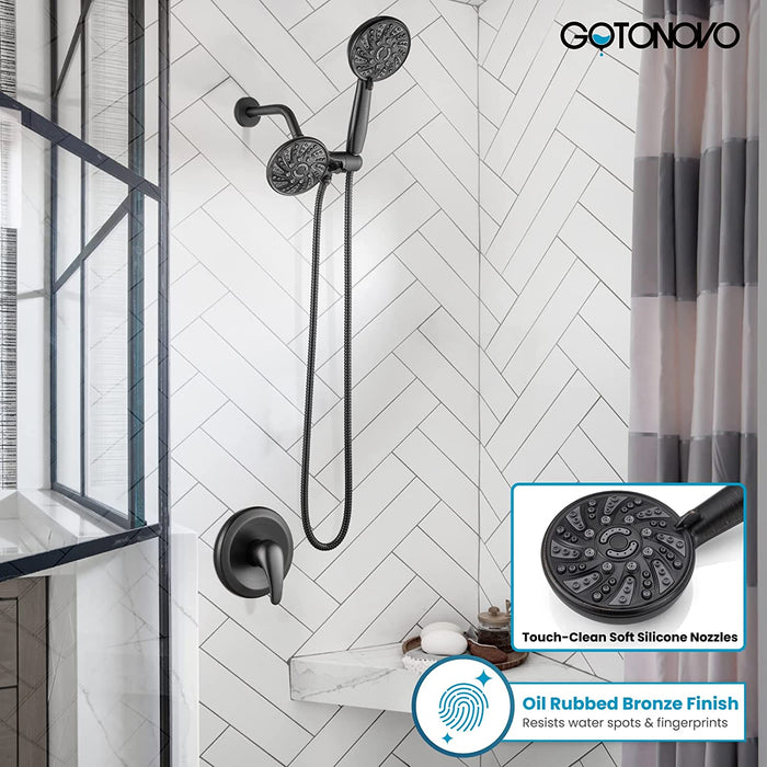 gotonovo 3-way Water Diverter Dual 2 in 1 Shower Head Combo Shower System with 5 Functions Adjustable Handheld Showerhead and Tub Spout Shower Faucet Set(Rough In Valve Included)