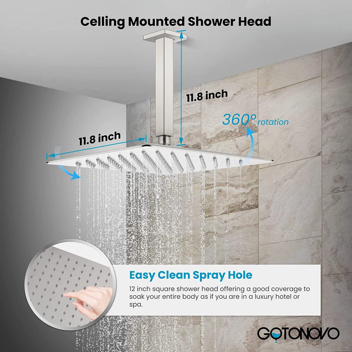 gotonovo Ceiling Mount Rainfall Shower System with Square Shower Head with Handheld shower and Pressure Balance Shower Valve Kit Luxury Rain Mixer Shower Combo Set Bathroom