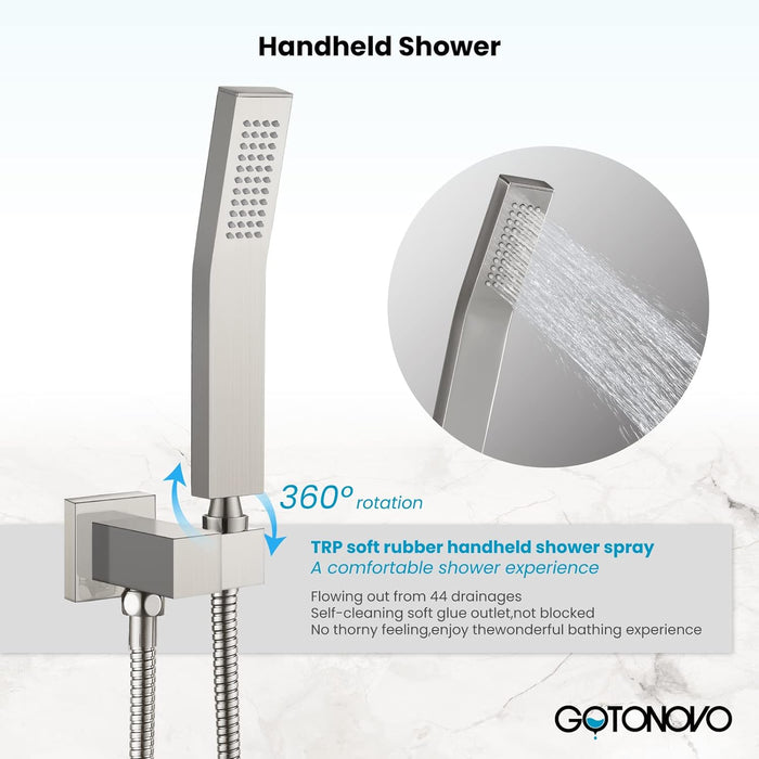 gotonovo Brushed Nickel Rain Mixer Shower Faucet Set Waterfall Tub Spout with 12 inch Square Rainfall Shower Head and Handheld Spray Wall Mounted Rough-in Valve and Trim Included