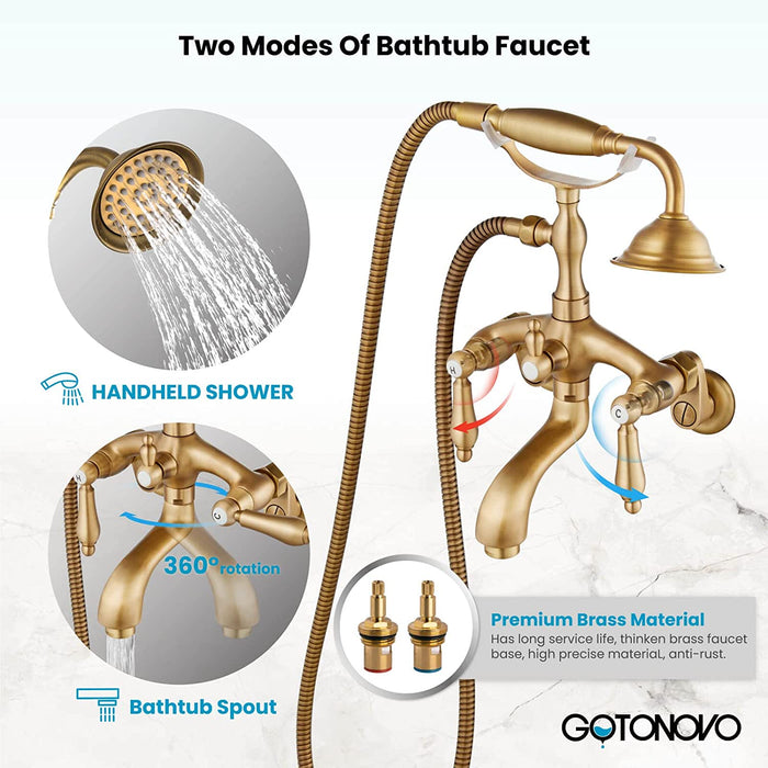 gotonovo Vintage Clawfoot Tub Faucet 3 3/8 Wall Mounted With Handheld Shower Sprayer with Tub Spout Double Level Handle Hot and Cold Water Mixer Shower Faucet Set