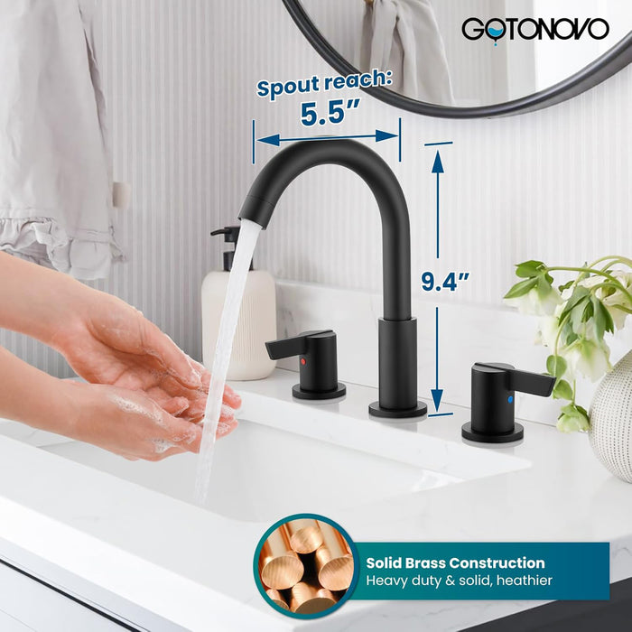 gotonovo 3 Hole Deck Mount 2 Handles Lavatory Basin Bathroom Sink Faucet with Pop Up Drain with Hot and Cold Mixer Valves 8 Inch Widespread Bathroom Faucet Low-Arch 360° Rotation Spout