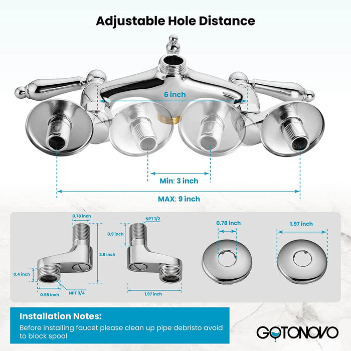 gotonovo Vintage Clawfoot Tub Faucet 3 3/8 Wall Mounted With Handheld Shower Sprayer with Tub Spout Double Level Handle Hot and Cold Water Mixer Shower Faucet Set