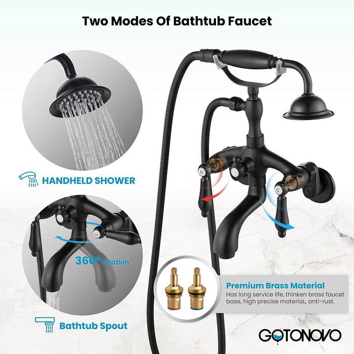 gotonovo Vintage Clawfoot Tub Faucet 3 3/8 Wall Mounted With Handheld Shower Sprayer with Tub Spout Double Level Handle Hot and Cold Water Mixer Shower Faucet Set