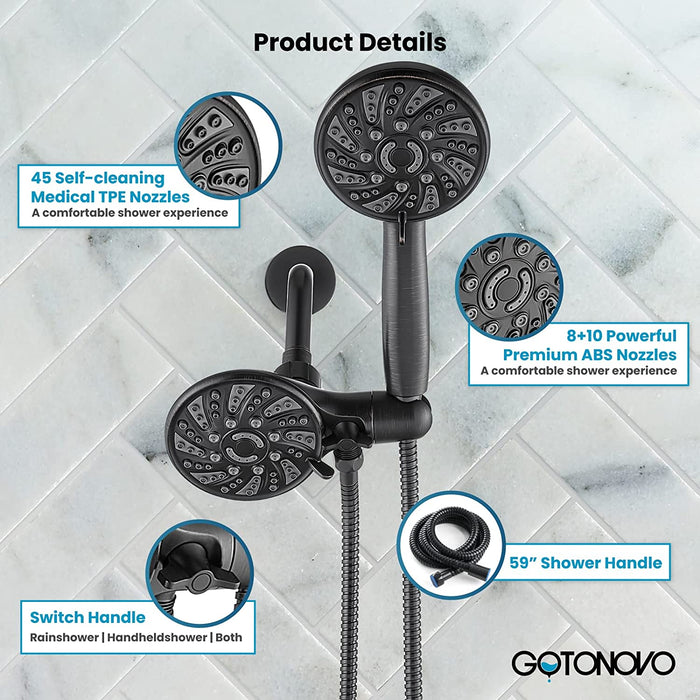 gotonovo 3-way Water Diverter Dual 2 in 1 Shower Head Combo Shower System with 5 Functions Adjustable Handheld Showerhead and Tub Spout Shower Faucet Set(Rough In Valve Included)