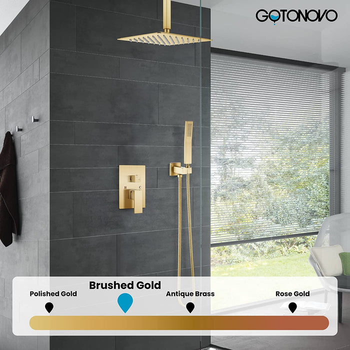 gotonovo Ceiling Mount Rainfall Shower System with Square Shower Head with Handheld shower and Pressure Balance Shower Valve Kit Luxury Rain Mixer Shower Combo Set Bathroom