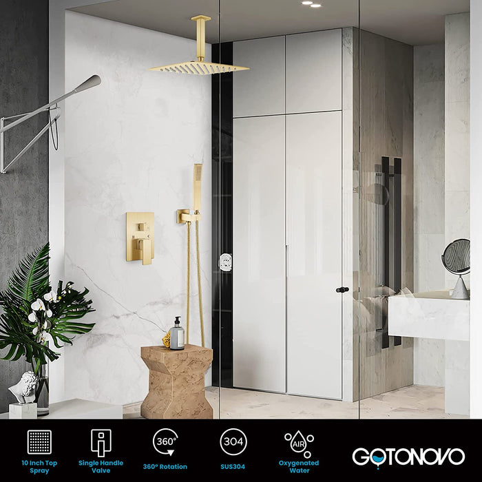 gotonovo Ceiling Mount Rainfall Shower System with Square Shower Head with Handheld shower and Pressure Balance Shower Valve Kit Luxury Rain Mixer Shower Combo Set Bathroom